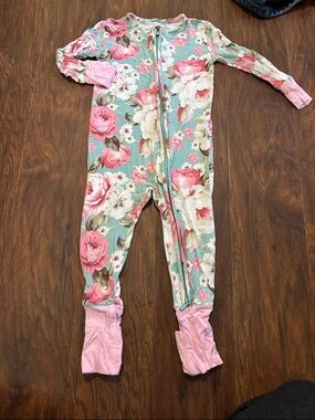 Posh Peanut Floral Footed One-Piece in Mint and Pink